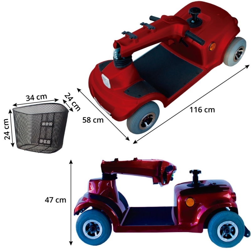 Scooter électrique pour handicapés, 4 roues, Premium, Démontable, Auton. 30 km, 12V, Bordeaux, Libra